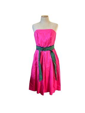 Lilly Pulitzer Womens Sz 4 Pink Strapless Dress /Green Striped Sash Mid-Length